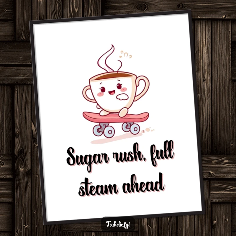 Funny Free Printable Wall Art: A steaming teacup joyfully rides a sugar cube like a skateboard, embodying pure, caffeinated fun.