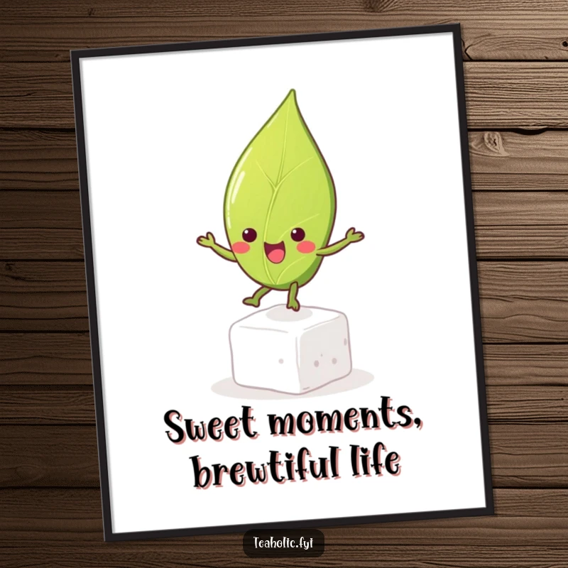 Funny Free Printable Wall Art depicting a happy tea leaf character gleefully bouncing on a sugar cube, bringing cheer.