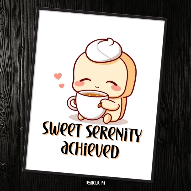 Funny Free Printable Wall Art: Content pastry character in a state of blissful relaxation, sipping tea, downloadable decor.