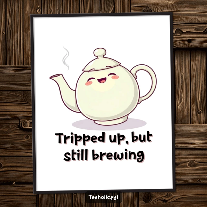 Funny Free Printable Wall Art: A teapot character comically trips over its own large plume of steam, looking surprised and flustered.