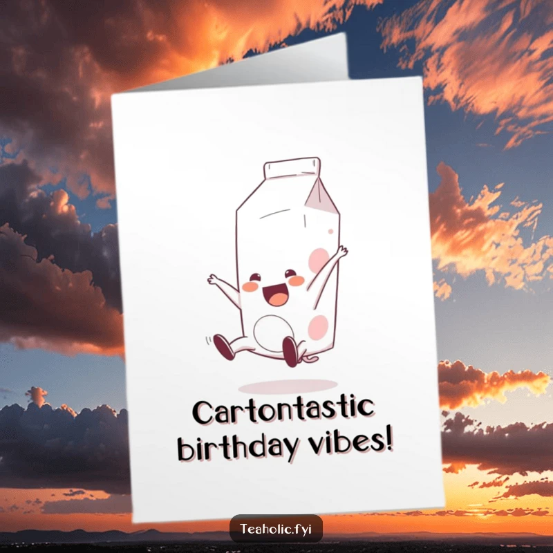 Funny Free Printable Birthday Card: Cheerful milk carton doing a happy somersault, ready to party, downloadable gift.