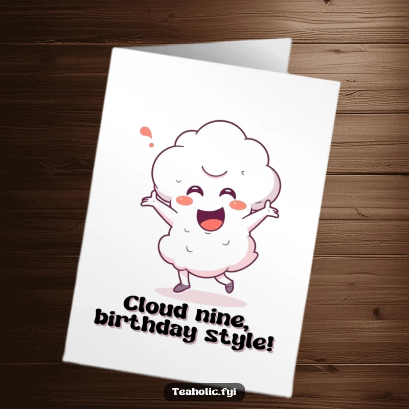 Funny free printable birthday card with an excited steam cloud character doing a joyful happy dance, ready to celebrate.