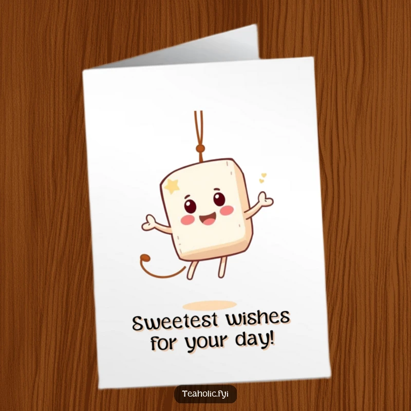 Funny Free Printable Birthday Card showing a jovial sugar cube character energetically bouncing on a teabag string with a wide grin.
