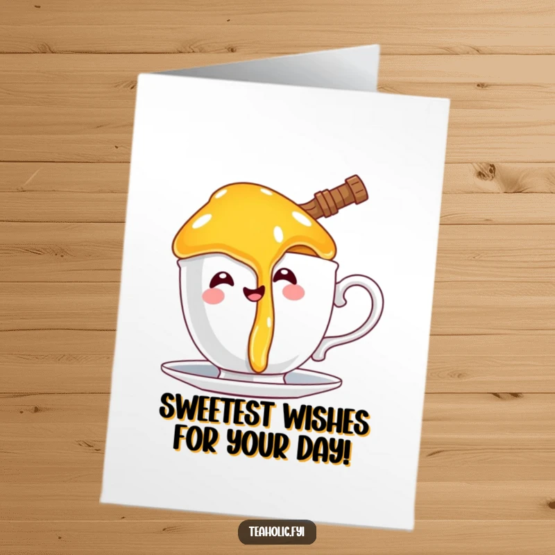 Funny Free Printable Birthday Card: A happy honey pot character comically dripping honey onto a teacup handle, conveying sweet, sticky birthday wishes.