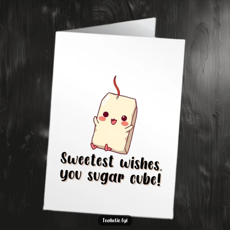 Funny Free Printable Birthday Card: Tea bag character hilariously swings from a sugar cube, perfect for a giggle-filled DIY gift.