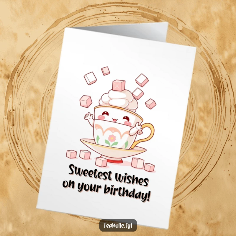 Funny Free Printable Birthday Card: A teacup character skillfully juggles sugar cubes with a playful expression.