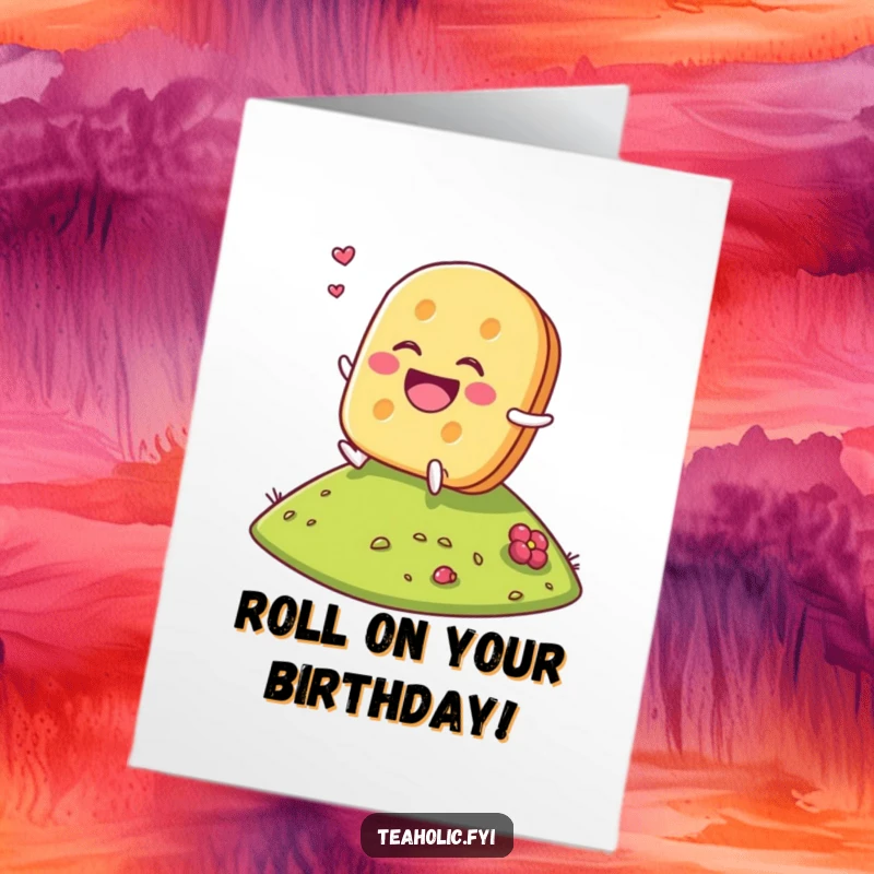 Funny Free Printable Tea Biscuit Birthday Card: Laughing character rolling down hill, a joyfully downloadable gift.