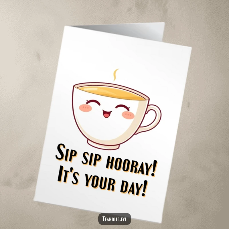Funny Free Printable Birthday Card: Cheerful teacup character sipping joyfully with eyes closed, perfect for a tea lover's celebration.