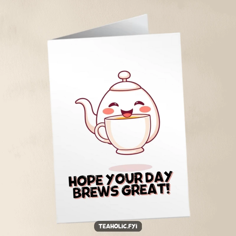 Funny Free Printable Birthday Card: A cheerful teapot character joyfully pours steaming tea into a waiting hovering mug.