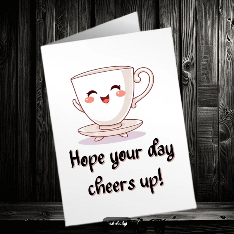 Funny Free Printable Birthday Card: Cheerful teacup character with saucer feet enthusiastically dances a lively jig.