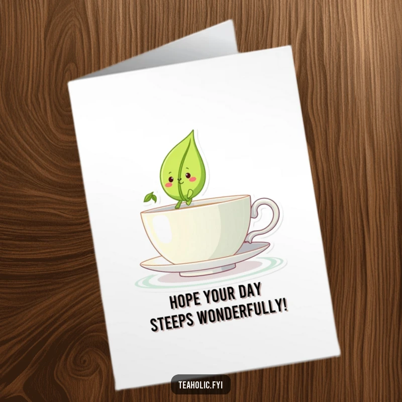 Funny Free Printable Birthday Card: Small smiling tea leaf character sailing merrily across a vast teacup like a tiny boat.