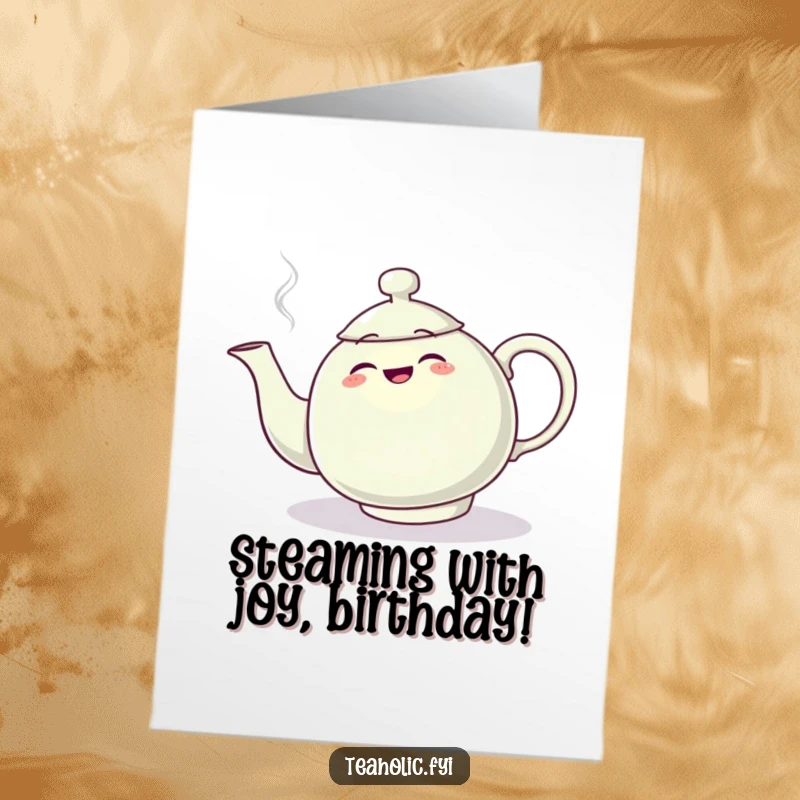Funny Free Printable Birthday Card: A teapot comically trips over its own billowing steam plume, looking surprised.