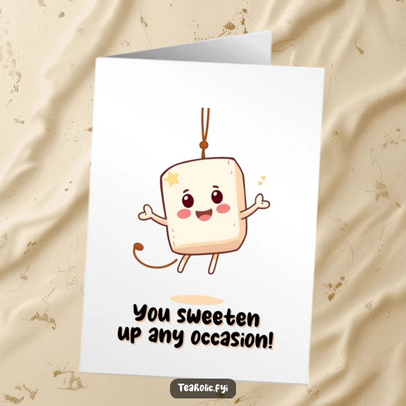 Funny Free Printable Congratulations Card featuring a happy sugar cube character gleefully bouncing on a teabag string.