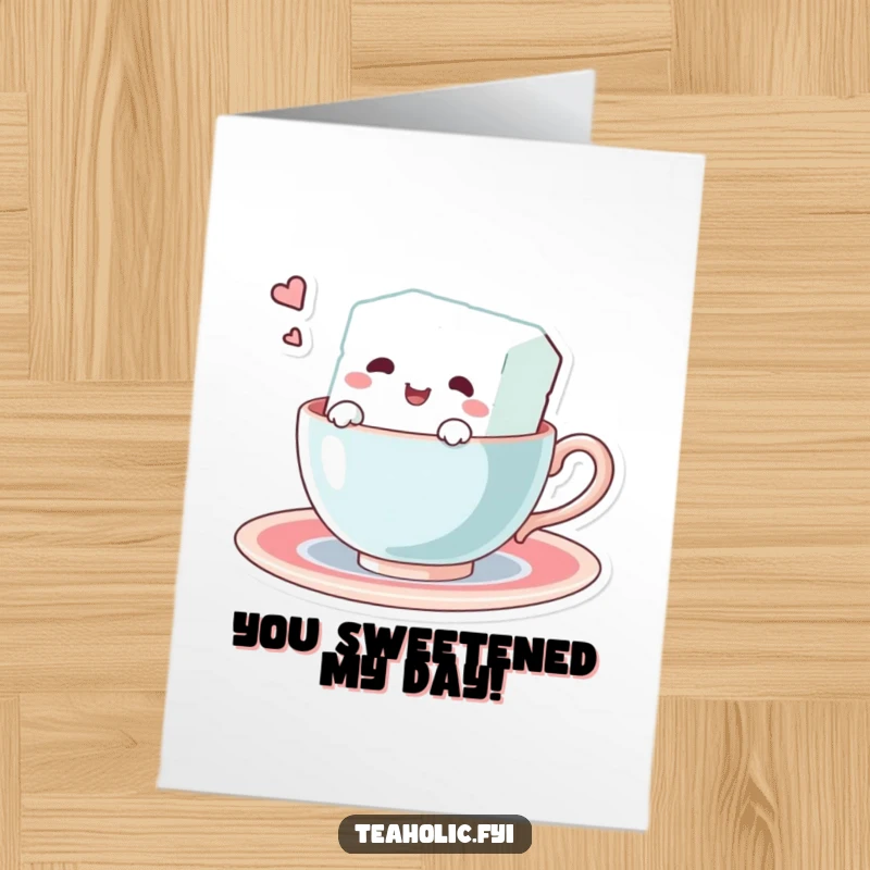 Funny Free Printable Congratulations Card: Delighted sugar cube character celebrates by swimming joyfully in a teacup.
