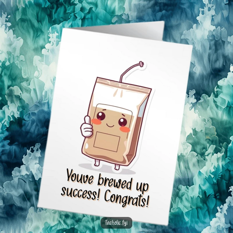 Funny Free Printable Congrats Card: A delighted tea bag character offers a supportive thumbs up for their big win.