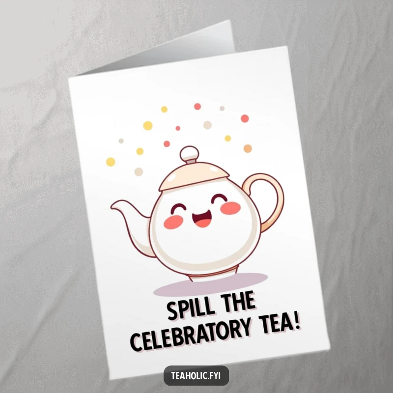 Funny Free Printable Congratulations Card: A cheerful teapot character exuberantly spills tea droplets like colorful confetti, celebrating.