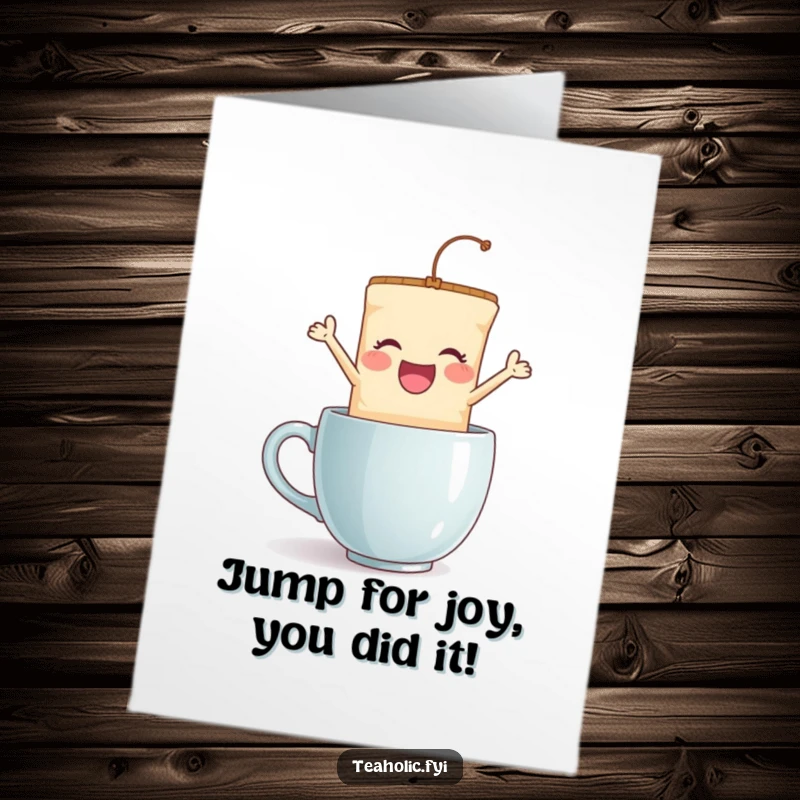 Funny Free Printable Congratulations Card: A happy tea bag character leaping into a mug, symbolizing a celebratory splash of success.