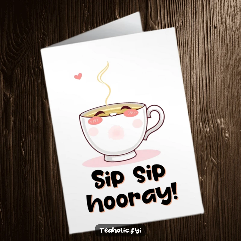 Funny Free Printable Congratulations Card: A blushing teacup character eagerly sips hot tea, celebrating a wonderful success.