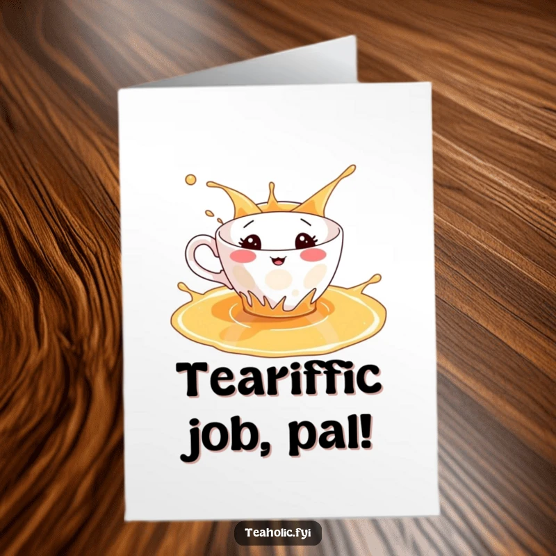 Free printable congratulations card with a teacup character playfully splashing in a puddle of tea.