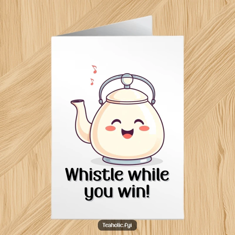 Free printable congratulations card with a smiling tea kettle whistling a merry and happy tune.