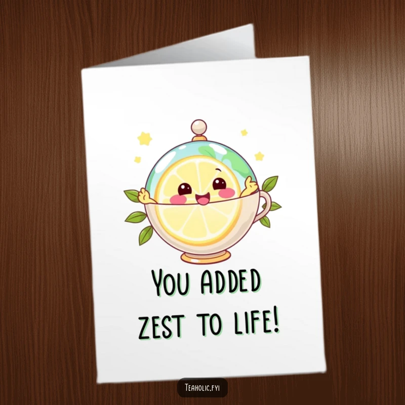 Funny Free Printable Congratulations Card: A joyful lemon slice character zestfully zipping around a teacup globe, celebrating energetic success.