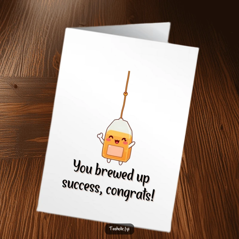 Funny Free Printable Congratulations Card with a happy tea bag character waving enthusiastically from its string.