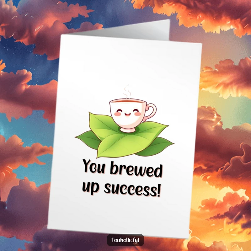 Funny free printable congratulations card showing a smiling teacup character floating blissfully on a large tea leaf.