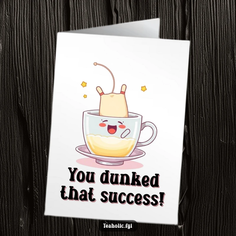 Funny Free Printable Congratulations Card: An exuberant tea bag character happily somersaults into a frothy cup, celebrating success.