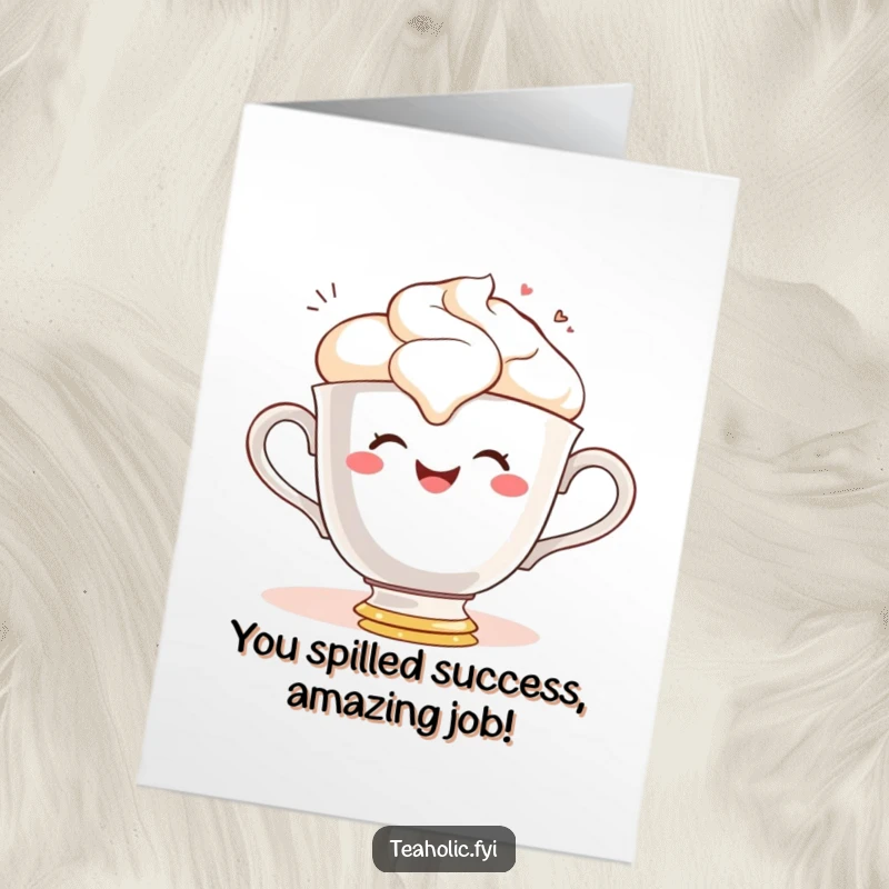 Funny Free Printable Congratulations Card with a gleeful teacup character spilling frothy tea with a beaming smile.