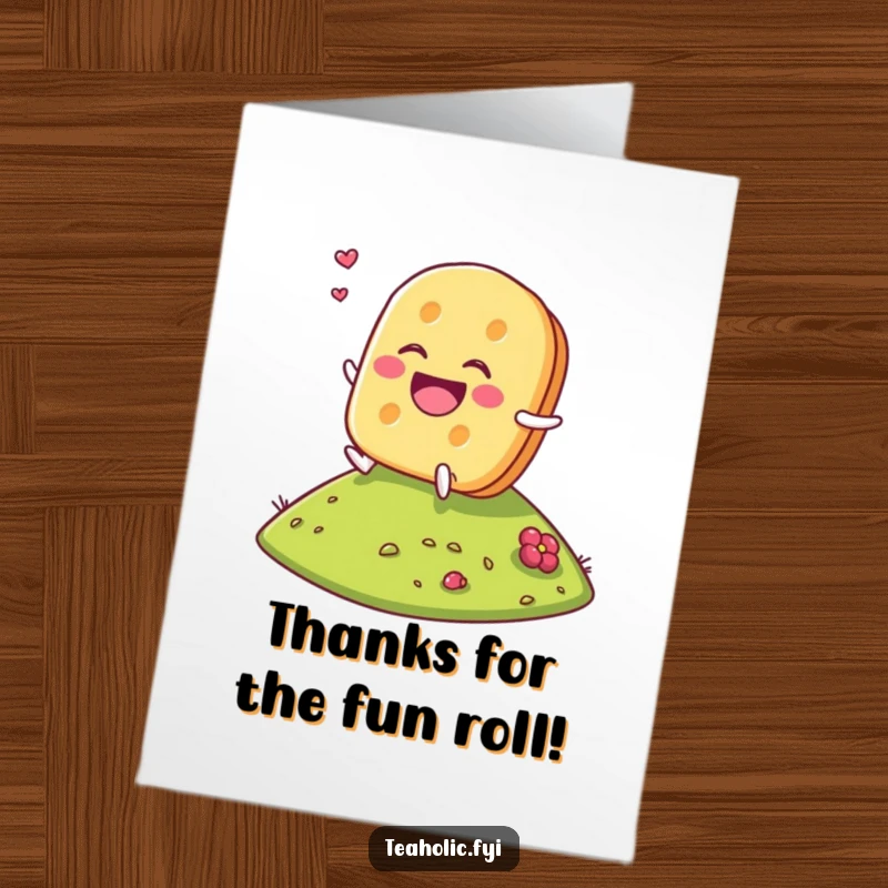 Funny Free Printable Tea Biscuit Thank You Card: Laughing character rolling down hill, a joyfully perfect way to say thanks.
