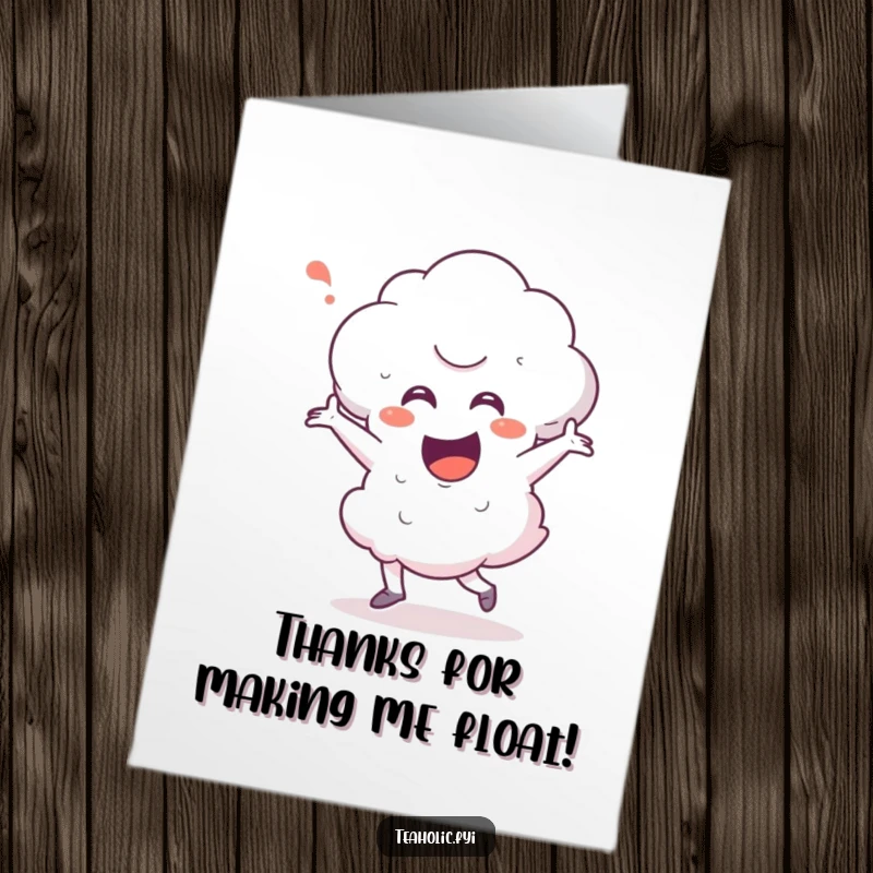 Funny free printable thank you card with an energetic steam cloud character performing a happy dance of appreciation.