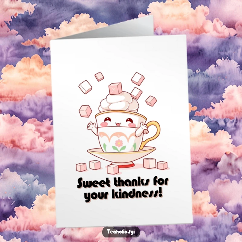 Funny Free Printable Thank You Card: A teacup character juggles sugar cubes, adding a sweet, playful touch to thanks.