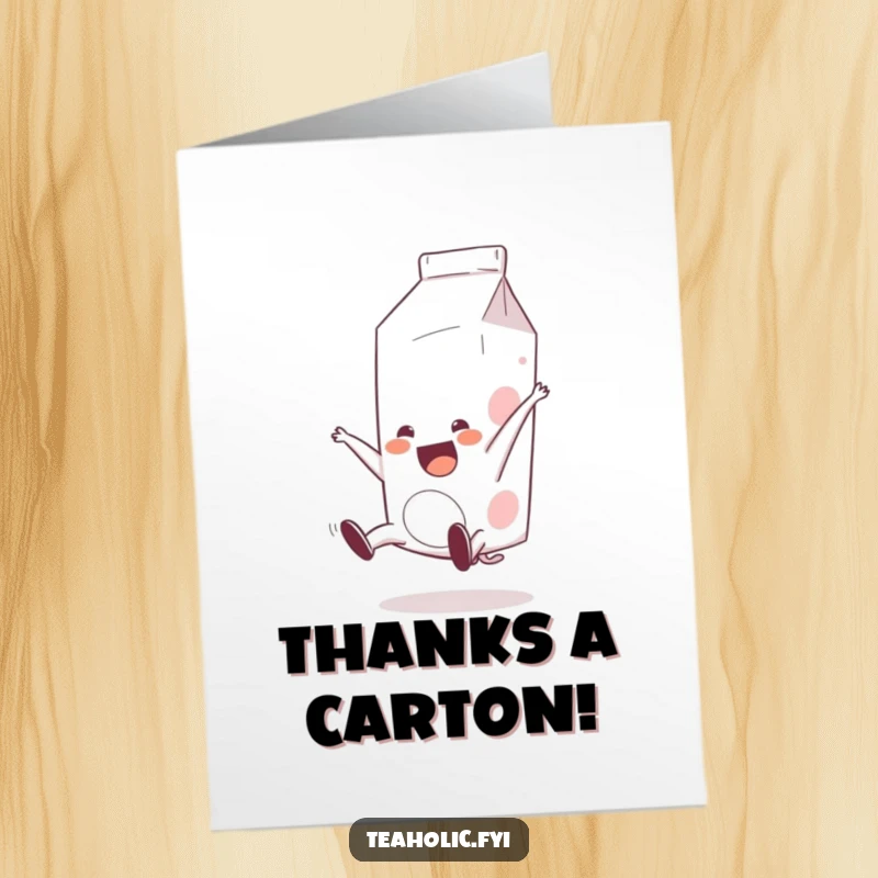 Funny Free Printable Thank You Card: Energetic milk carton doing a happy somersault, expressing gratitude, downloadable art.