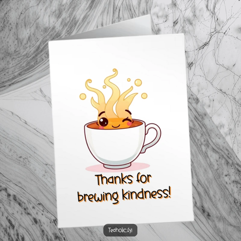 Funny Free Printable Thank You Card: Happy Tea Cup character overflowing with steaming tea, conveying heartfelt thanks.
