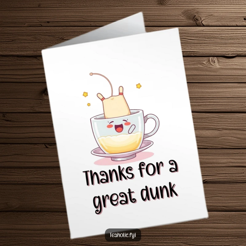 Funny Free Printable Thank You Card: A tea bag character does a happy somersault, landing gracefully into a frothy cup.
