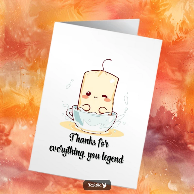 Funny free printable thank you card with a tea bag character gleefully splashing in hot water, expressing thanks.