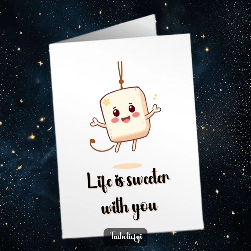 Funny Free Printable Thank You Card with a jovial sugar cube character bouncing excitedly on a teabag string, sending thanks.