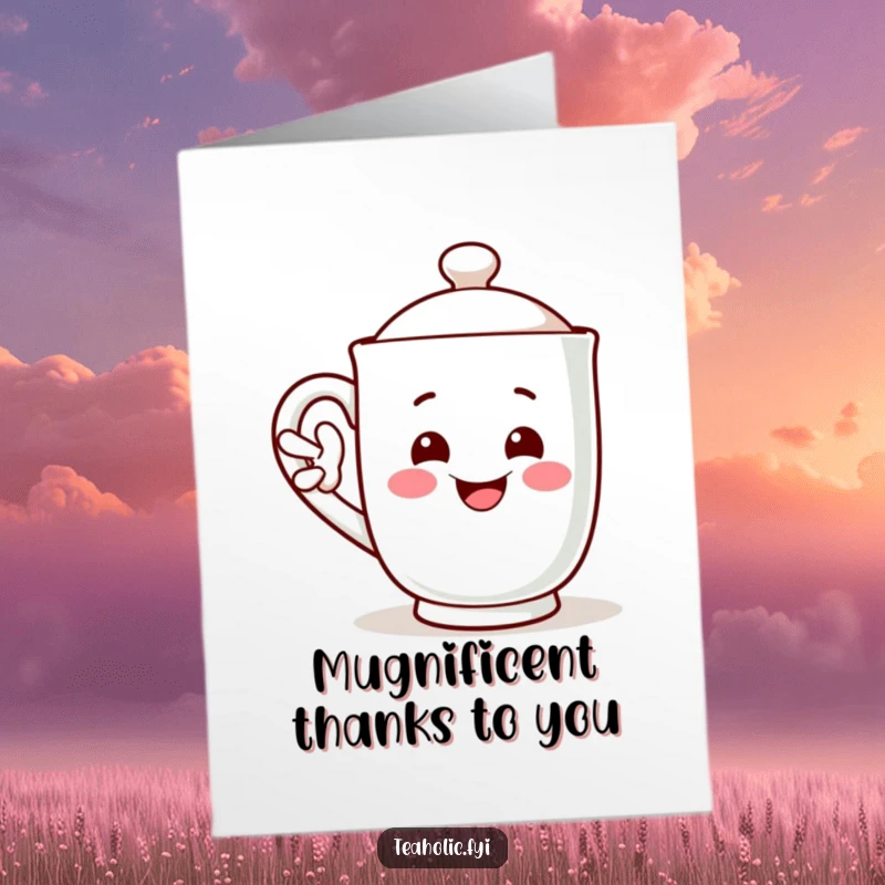 Funny Free Printable Thank You Card: A smiling tea mug character waves a greeting with its handle, expressing thanks.