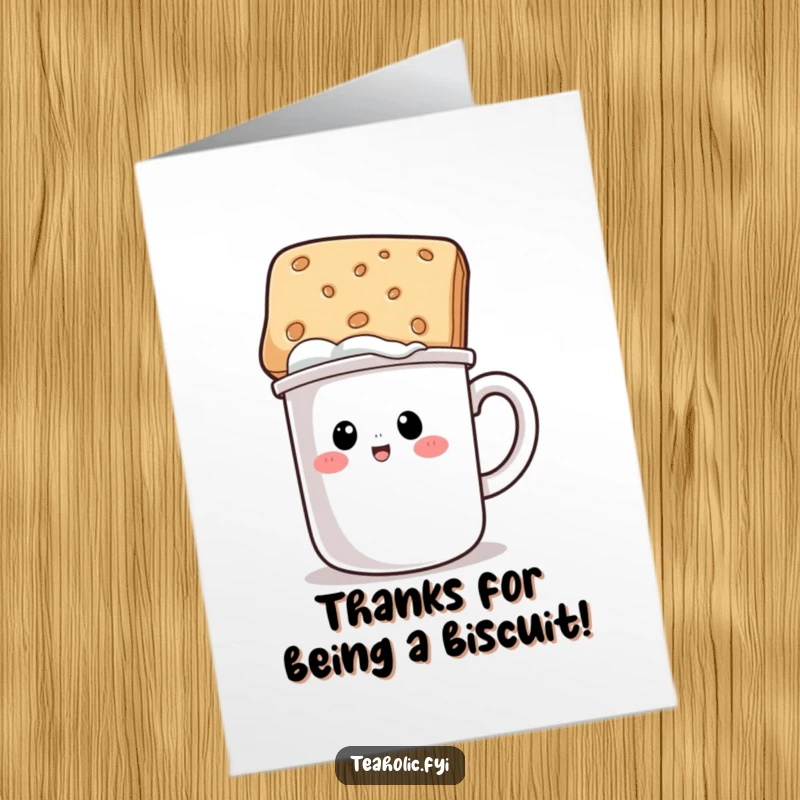 Funny Free Printable Thank You Card: A coffee mug character wears a biscuit as a hat, a charming and funny way to say thanks.