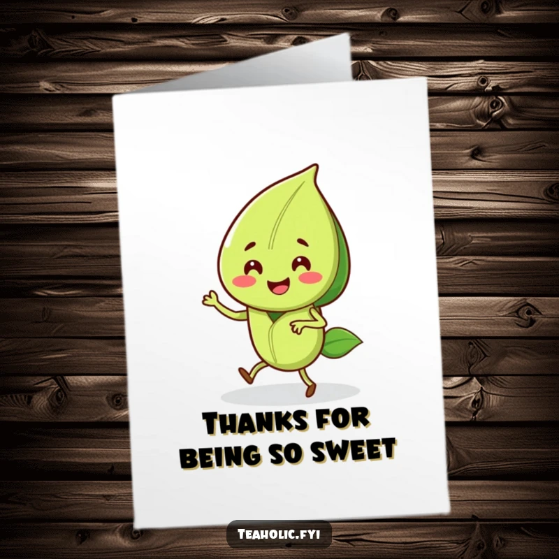 Funny free printable thank you card with a happy tea leaf character doing a cheerful jig, expressing thanks and delight.