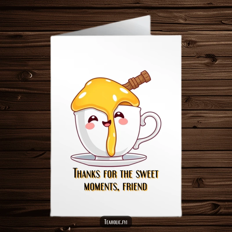 Funny Free Printable Thank You Card: A happy honey pot character comically dripping honey onto a teacup handle, expressing sweet gratitude.