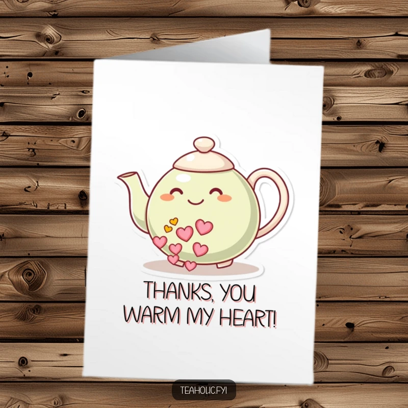 Sweet Free Printable Thank You Card: A smiling teapot character generously pours a stream of bright red hearts as thanks.