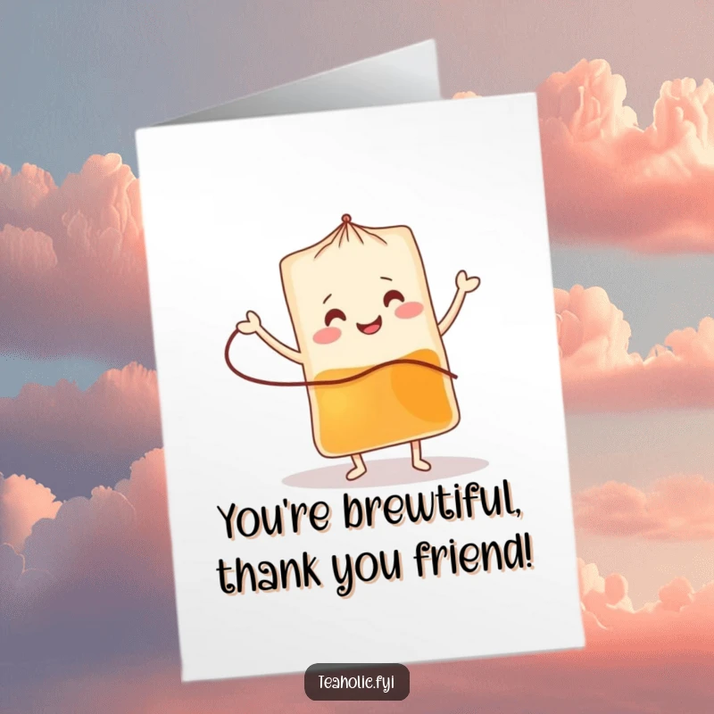 Funny Free Printable Thank You Card: A smiling tea bag character doing a cheerful jig with its string, showing immense gratitude and joy.