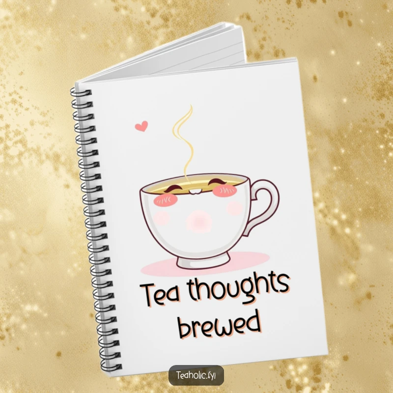 Funny blushing teacup character eagerly sipping from a stream of steaming tea, designed on the cover of a notebook.