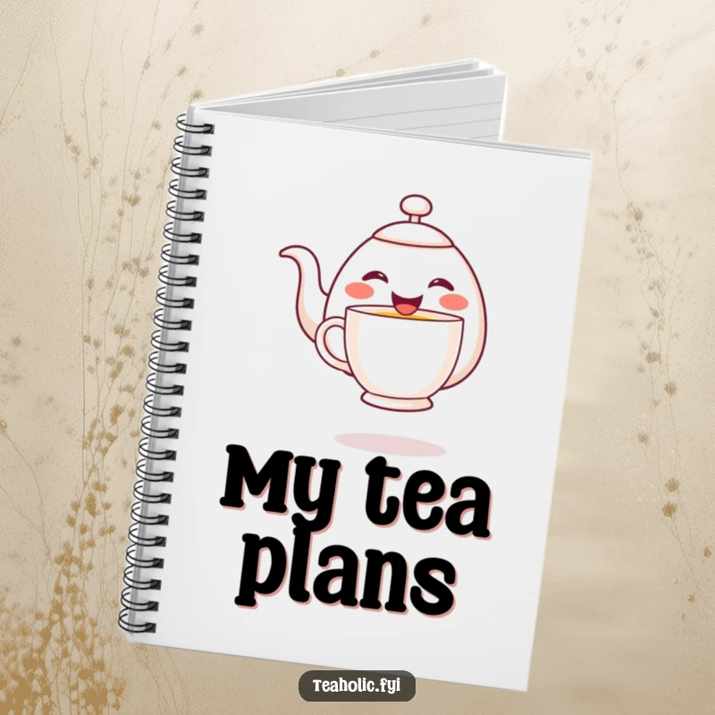 Funny cheerful teapot character joyfully pouring tea into a hovering mug, designed on the cover of a notebook.