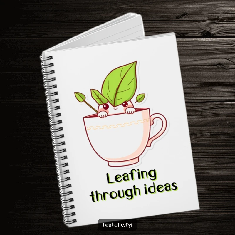 Funny notebook with a curious tea leaf character peeking over a teacup rim, for jotting down curious thoughts and ideas.