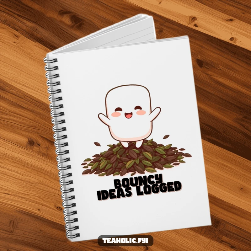 Funny giggling marshmallow character playfully bouncing on a pile of tea leaves, designed on the cover of a notebook.