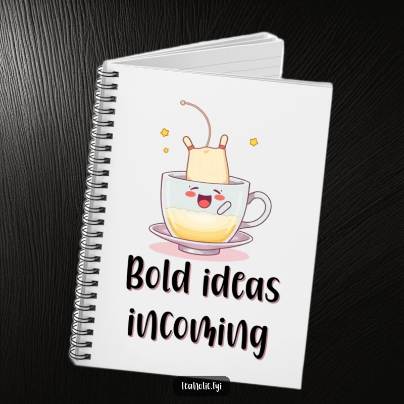Funny notebook with a tea bag character happily somersaulting into a frothy cup, an inspiring funny gift.