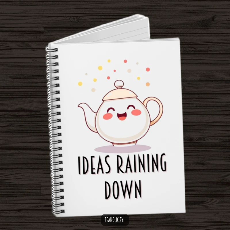 Funny notebook with a cheerful teapot character spilling playful tea droplets like confetti, a celebratory funny gift.