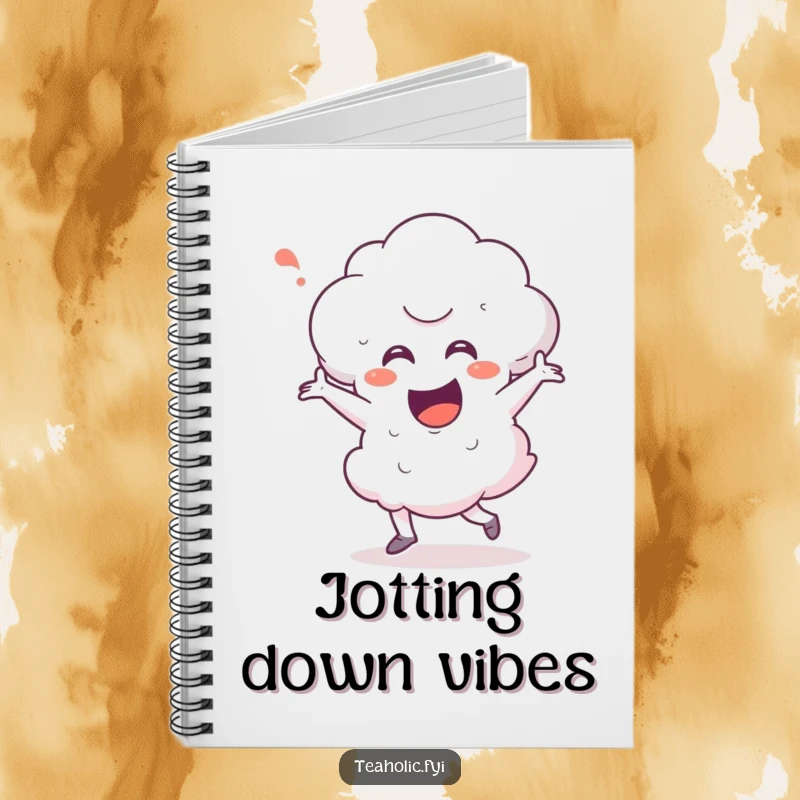 Funny steam cloud character in a joyful happy dance pose on the cover of a notebook, encouraging creative writing.